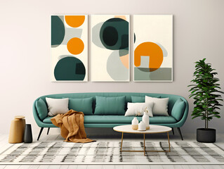 Turquoise sofa and three big posters. Mid century style interior design of modern living room. Created with generative AI