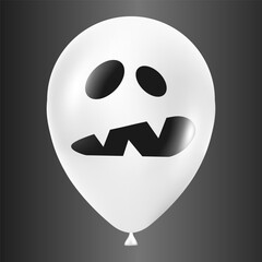 Halloween white balloon illustration with scary and funny face isolated on dark background