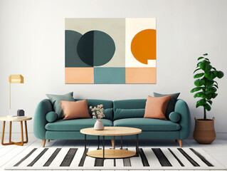 Teal sofa and big mockup poster frame on white wall. Scandinavian interior design of modern living room. Created with generative AI