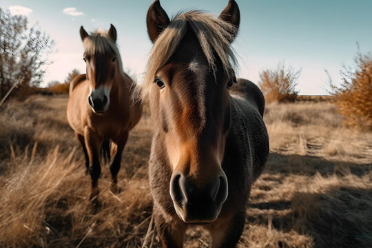 Horse Ponies Roaming Free in Nature's Embrace. Generative AI
