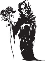 Death with roses, Grim Reaper, Skeleton in black robe Vector Illustration, SVG