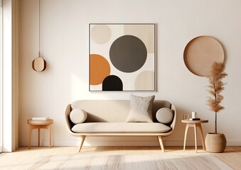 Beige sofa and round end tables near white wall with big mock up poster frame. Mid century interior design of modern living room. Created with generative AI