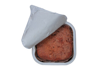 Pate for cats and dogs in metal container, isolated on a white background. Conserved nutrition. Top view.