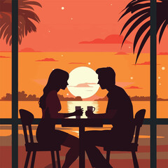 Fototapeta na wymiar A couple on a date in a restaurant. Sunset. Kiss. Set of vector illustrations. Flat design. Typography. Background for a poster