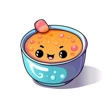 Bowl of soup kawaii cartoon character. Vector illustration.