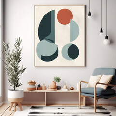 Obraz na płótnie Canvas Blue armchair near wooden long coffee table against of white wall with big art canvas poster frame. Mid-century interior design of modern living room. Created with generative AI