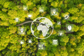 Globe in green forest. Environment protection concept. Ecology. Sustainable society. SDGs.