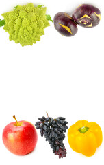 Set of vegetables and fruits isolated on white . Collage. Free space for text. Vertical photo.