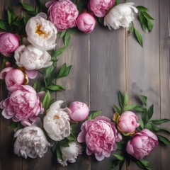 Decorative floral frame banner made of pink and white peony flowers. Old grey wooden table background. Empty copy space created with Generative AI