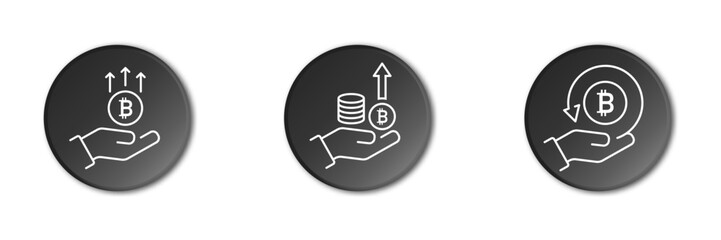 Pictograph of bitcoin in hand. Bitcoin growth icon. Coins in the hand. Financial growth icons. Hand and profit symbols. Business. Linear vector illustration.