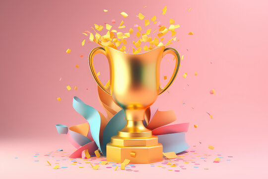 Gold championship trophy cup with festive multicolored flying confetti. Cute 3D icon in a cartoon plastic style in pastel colors. Generative AI 3d render illustration imitation.