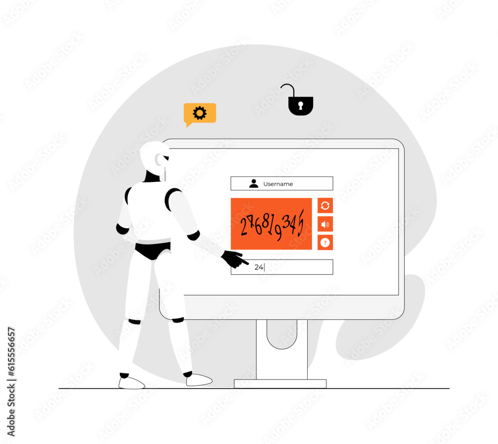 Poster bypass captcha, anti captcha, solving service. robot enters captcha on the monitor screen. illustrat