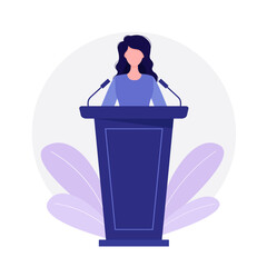Speaker speaks to the public on the podium. A woman stands on the podium. Vector illustration in flat style. Isolated on a white background.