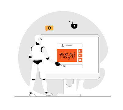 Bypass captcha, Anti captcha, Solving service. Robot enters captcha on the monitor screen. Illustration with people scene in flat design for website and mobile development.