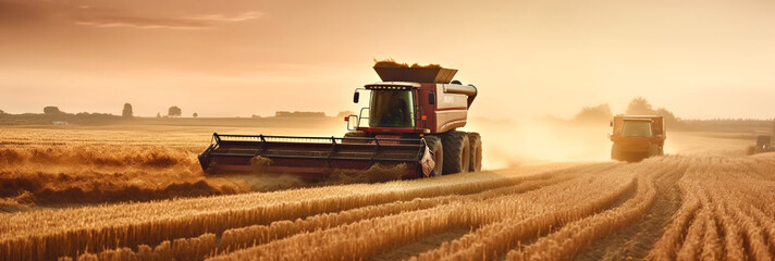 farmers on the field harvesting crops on tractors - obrazy, fototapety, plakaty