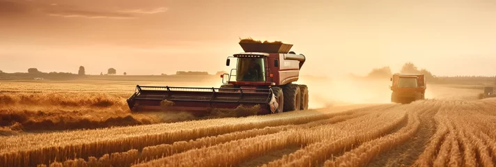 Deurstickers farmers on the field harvesting crops on tractors © Guizal
