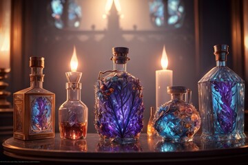 Obraz na płótnie Canvas Drink Potion Flasks Decanter with Candle Light on a Table Generative AI illustration