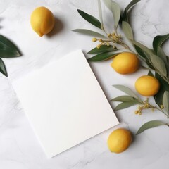 Summer stationery still life scene. Cut lemon fruit and olive tree branch on white table background in sunlight. Closeup of blank business card mockup. Top view. Created with Generative AI