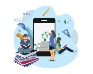 People celebrate international literacy day and happy student day by reading books. Flat vector illustration design