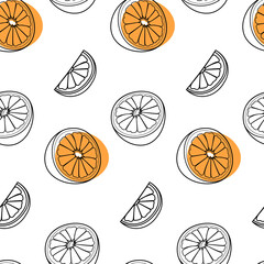 pattern of a illustration of a kiwi and orange fruit. Lines art tropical kiwi fruit