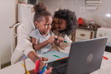 Brazilian child smiling drawing sitting on her mother's lap in the kitchen while she works from home on the computer