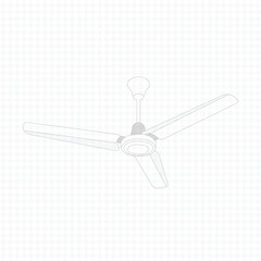 Three-bladed electric ceiling fan with a realistic abstract art concept, isolated on a white background and fixed to a roof. Vector, outline,  eps.