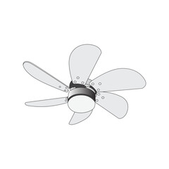 Five-bladed electric ceiling fan with a realistic abstract art concept, isolated on a white background and fixed to a roof. Vector file, gray color, eps10.
