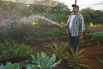 small Brazilian rural producer watering his garden with a hose in a small rural property in Brazil