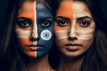 Happy Indian Independence Day.Woman with Makeup with in India flag colors for Independence Day. August 15 Happy Indian Independence Day. Generative AI