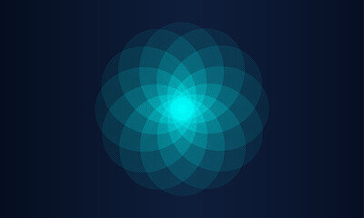 Abstract blue green light lines weaving pattern in circle shape isolated on black background. Vector illustration in concept of AI, technology, modern science, music festival