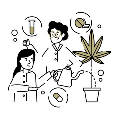 Young female holding watering can and watering plant, growing cannabis. Medical research and development. Women work in laboratory. Flat line vector illustration in cartoon style