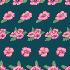 Horizontal Rows of Pink Flowers Dancing Across the Black Background of a Seamless Repeat Pattern Design