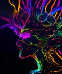 Photo of a digitally painted woman's face with vibrant, neon-colored hair