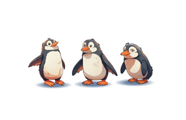 Cartoon penguins in different poses with emotions on an isolated background. Vector illustration