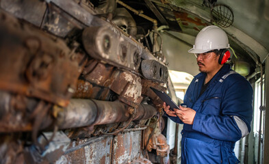 Engine engineer inspecting large machines in factory,Railway engine maintenance technician,engine repair mechanical manager