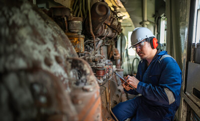 Engine engineer inspecting large machines in factory,Railway engine maintenance technician,engine repair mechanical manager