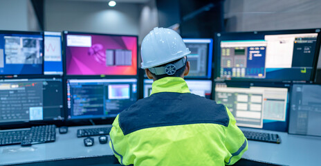 Engineer working at control room,Manager control system,Technician man monitoring program from a lot of monitor
