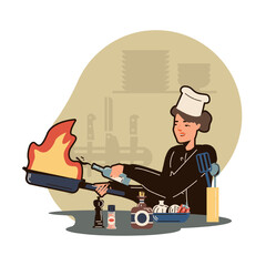 Woman holding pan, adding wine and burns alcohol in pan. Preparing meat and alcohol-based sauces. Cooking with kitchenware. Concept of food industry. Vector illustration in warm colors