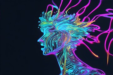 Photo of a woman's face with vibrant neon-colored lines creating an artistic expression