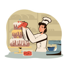 Adult female in white uniform and cap holding buttercream pack and makes decoration for dessert. Process of cooking big wedding cake in kitchen. Flat vector illustration in cartoon style
