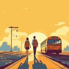 back to school illustration, a school bus with children illustration, educational 2d flat illustration