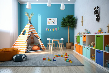 Interior of modern children's room with stylish furniture and toys, Kids play room, kids bed room, Children's hut, play tent and toys Created with Generative AI Tools