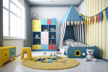 Interior of modern children's room with stylish furniture and toys, Kids play room, kids bed room, Children's hut, play tent and toys Created with Generative AI Tools