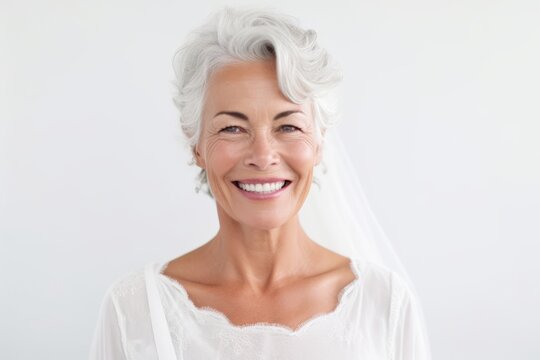 Portrait of happy senior woman smiling at camera on a white background