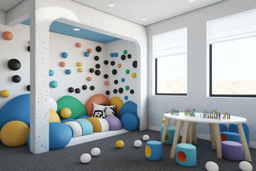 Interior of modern children's room with stylish furniture and toys, Kids play room, kids bed room, Children's hut, play tent and toys Created with Generative AI Tools