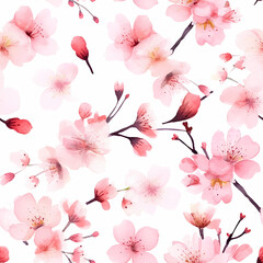 Spring sakura blossom seamless pattern. Watercolor floral print. Pink flowers of plum or cherry tree. Botanic floral background.