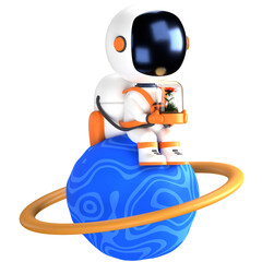 3D illustration of an astronaut sitting on a blue planet