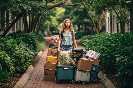 Young Pretty Female College Student Moving Into College Campus To Start New Academic Course