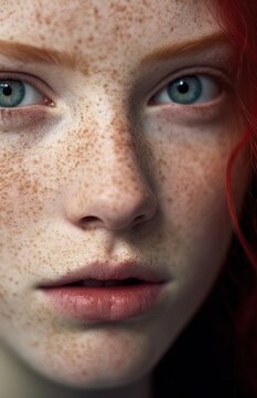 closeup Portrait photography.  High Contrast. Textural details. Fine facial details. Artful interplay of light and shadow. Red hair with Freckles pretty serious young woman.