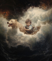 AI-generated illustration of a touching scene of a boy and his loyal dog friend navigating through a tumultuous storm on a small boat. Waves crash around them, unbreakable connection between friends.